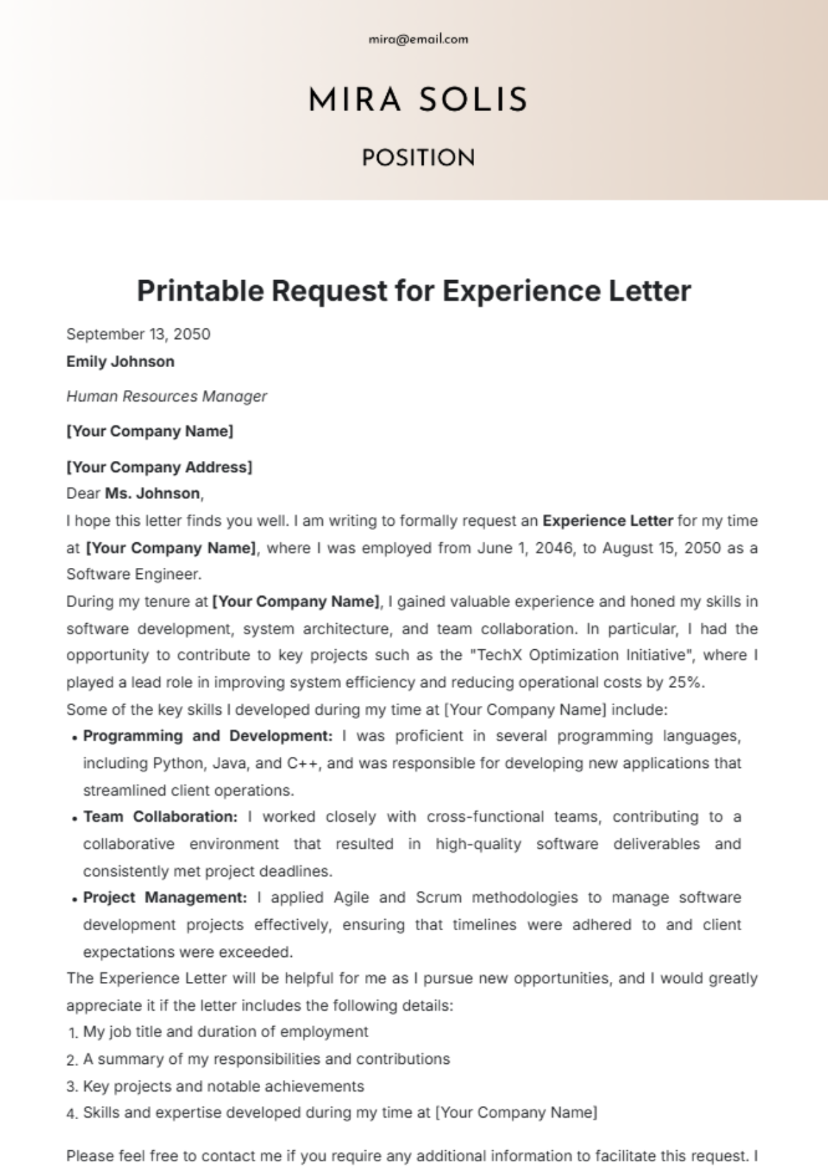 Printable Request for Experience Letter Template - Edit Online & Download