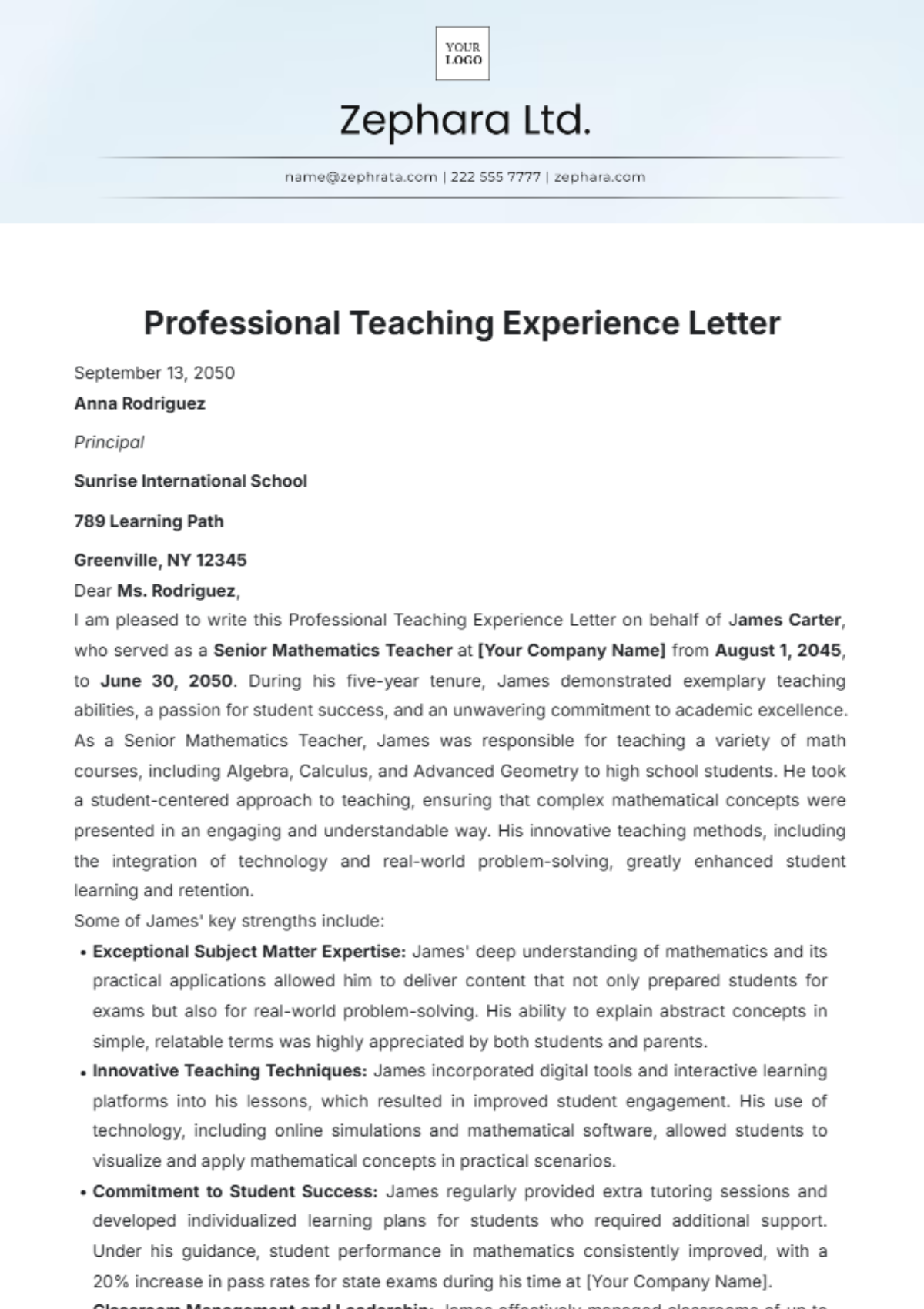 Professional Teaching Experience Letter Template - Edit Online & Download