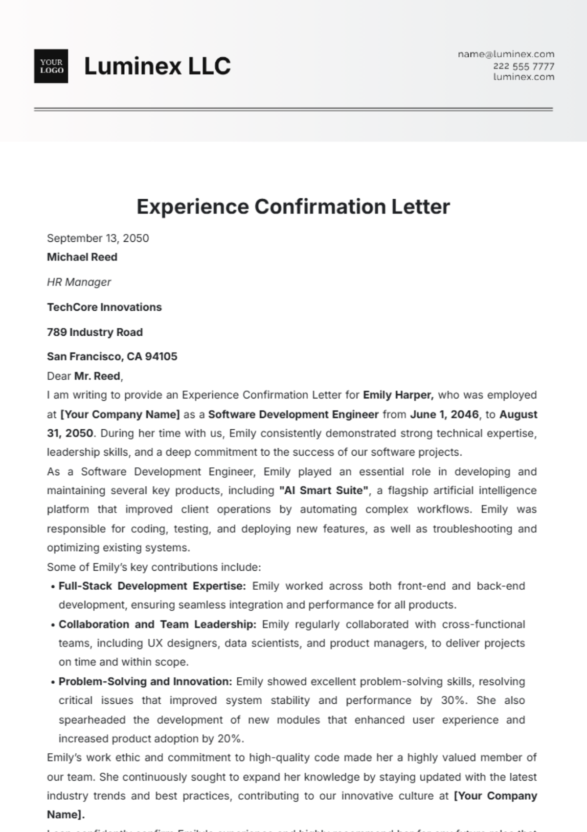 Experience Confirmation Letter Template - Edit Online & Download