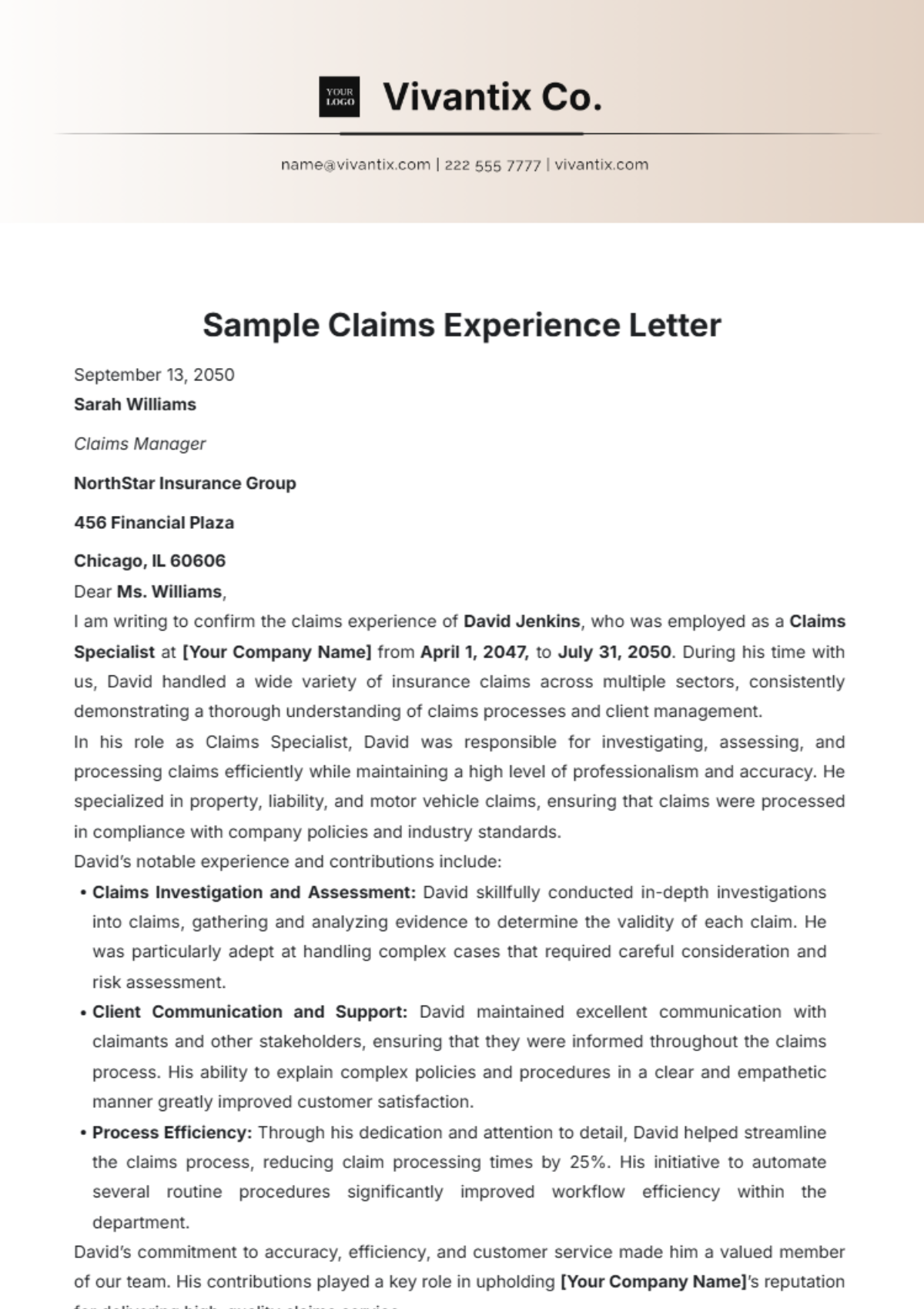 Sample Claims Experience Letter Template - Edit Online & Download