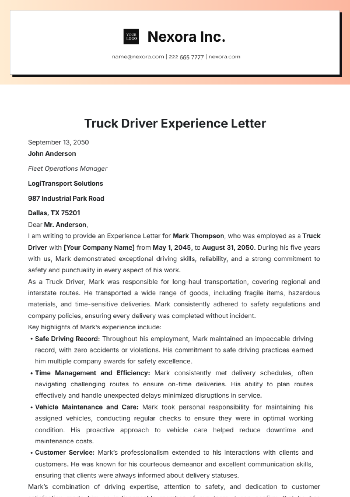 Truck Driver Experience Letter Template - Edit Online & Download