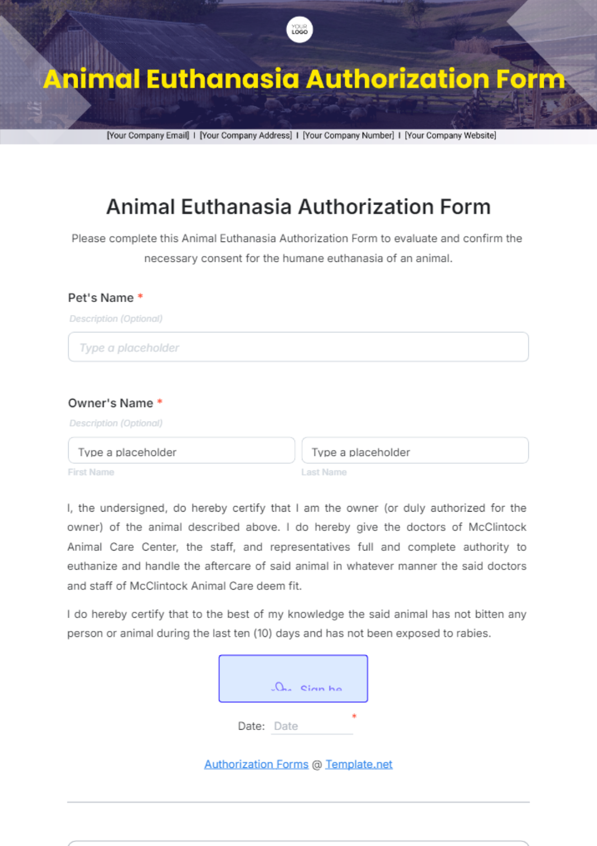 Free Animal Euthanasia Authorization Form Template