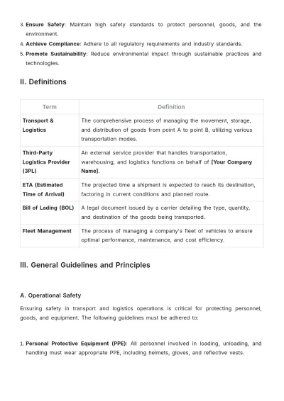 Free Transport %26 Logistics Standard Operating Procedure Template to Edit Online