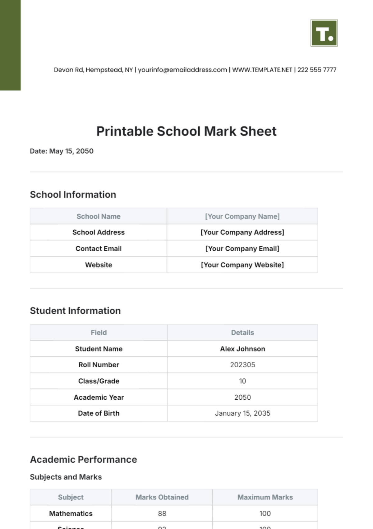 Printable School Mark Sheet Template - Edit Online & Download