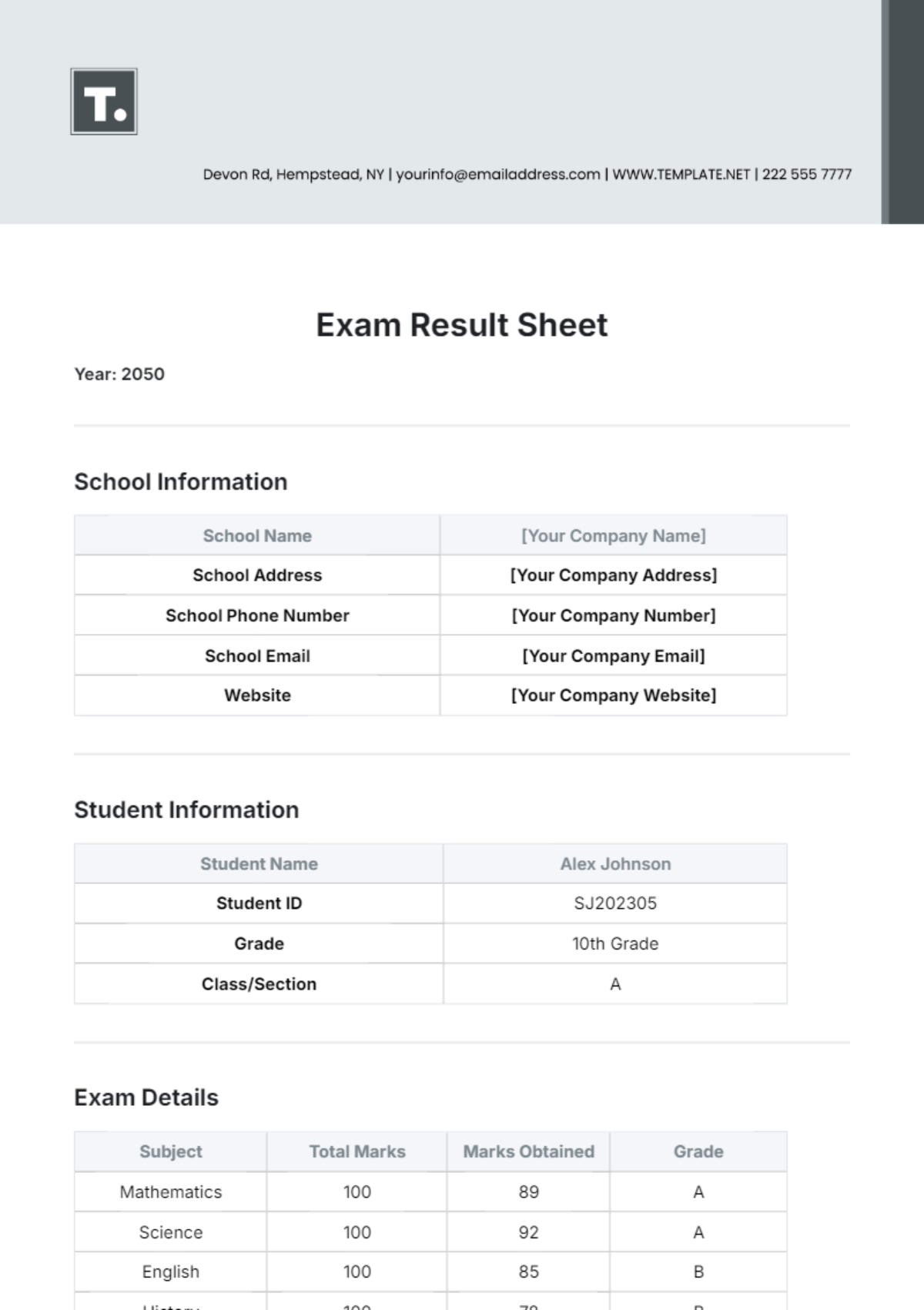 Free Exam Result Sheet Template - Edit Online & Download | Template.net