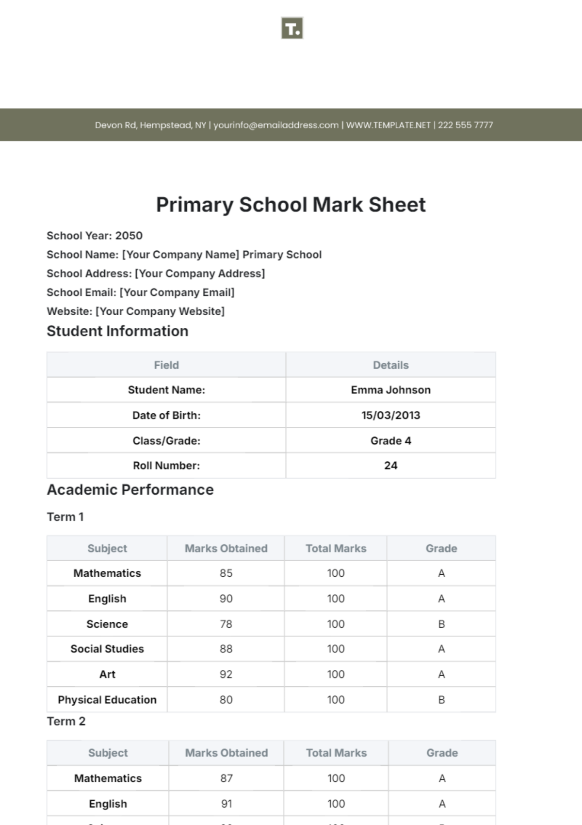 Primary School Mark Sheet Template - Edit Online & Download