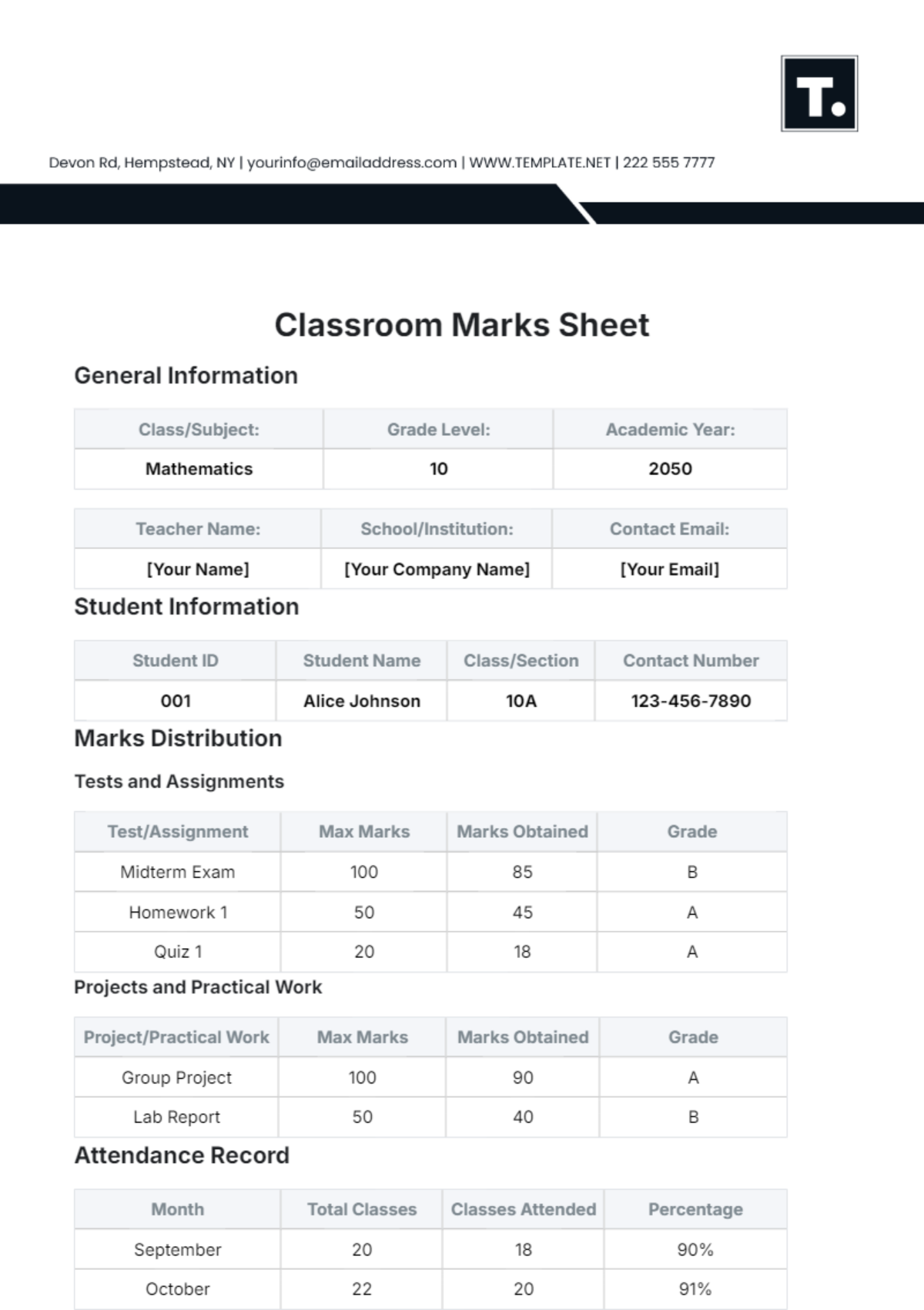 Classroom Marks Sheet Template - Edit Online & Download