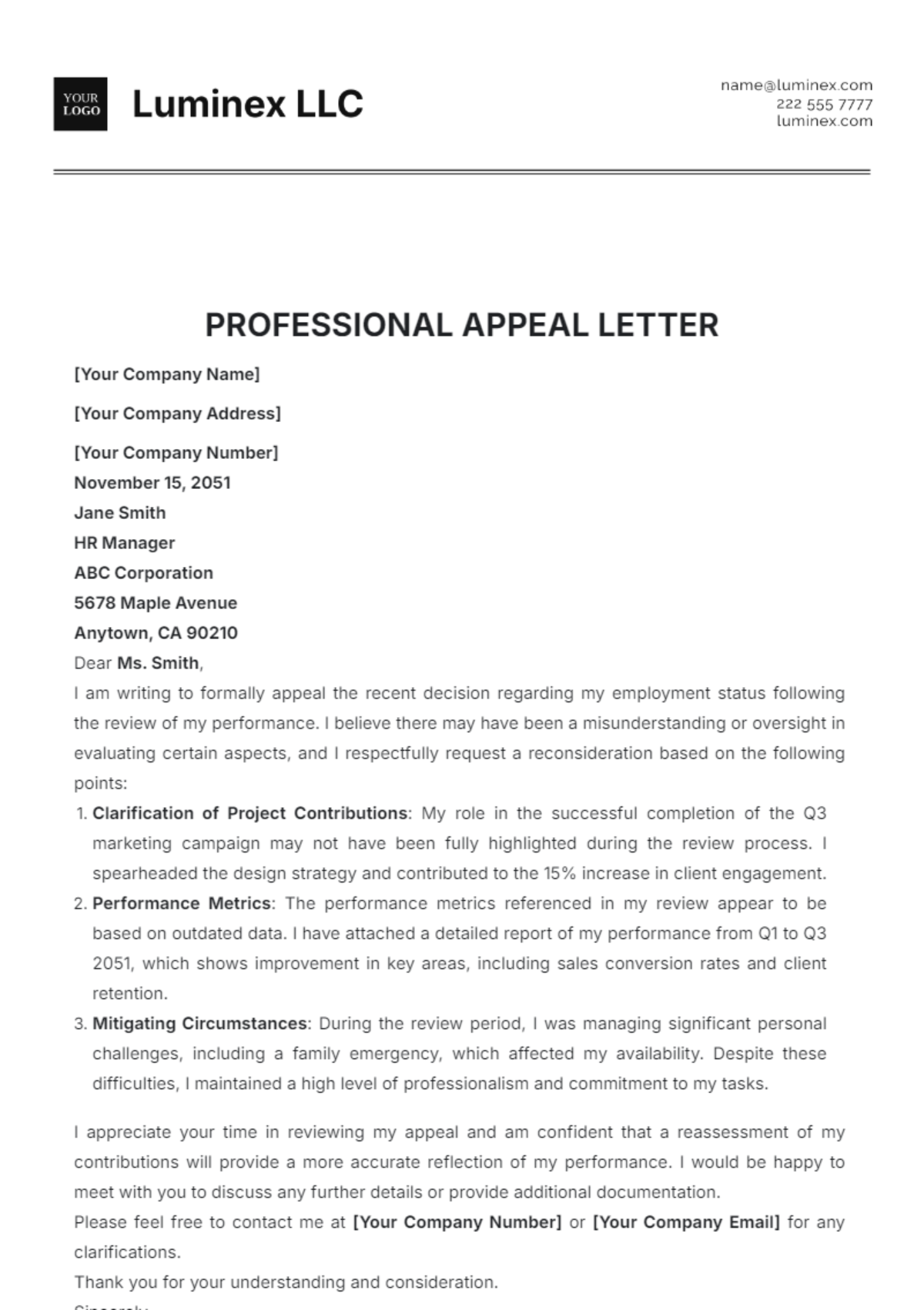 Professional Appeal Letter Template - Edit Online & Download