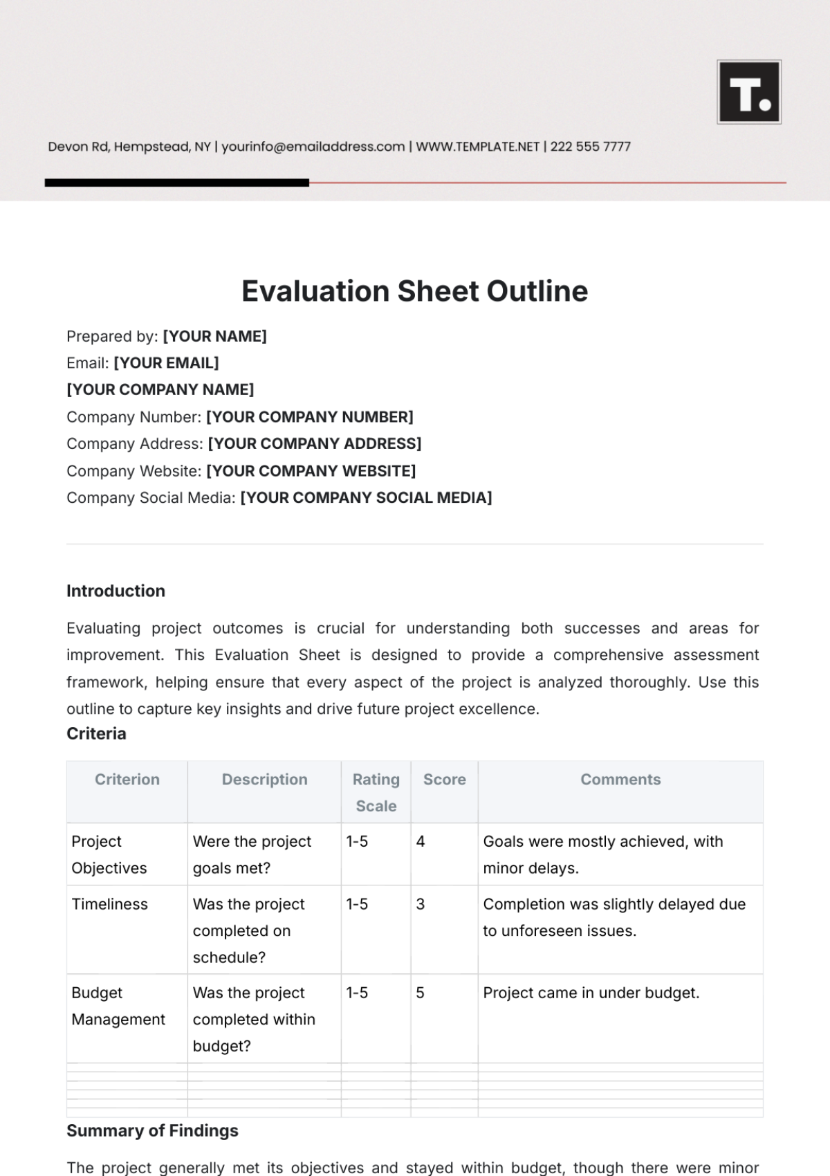 Evaluation Sheet Outline Template - Edit Online & Download