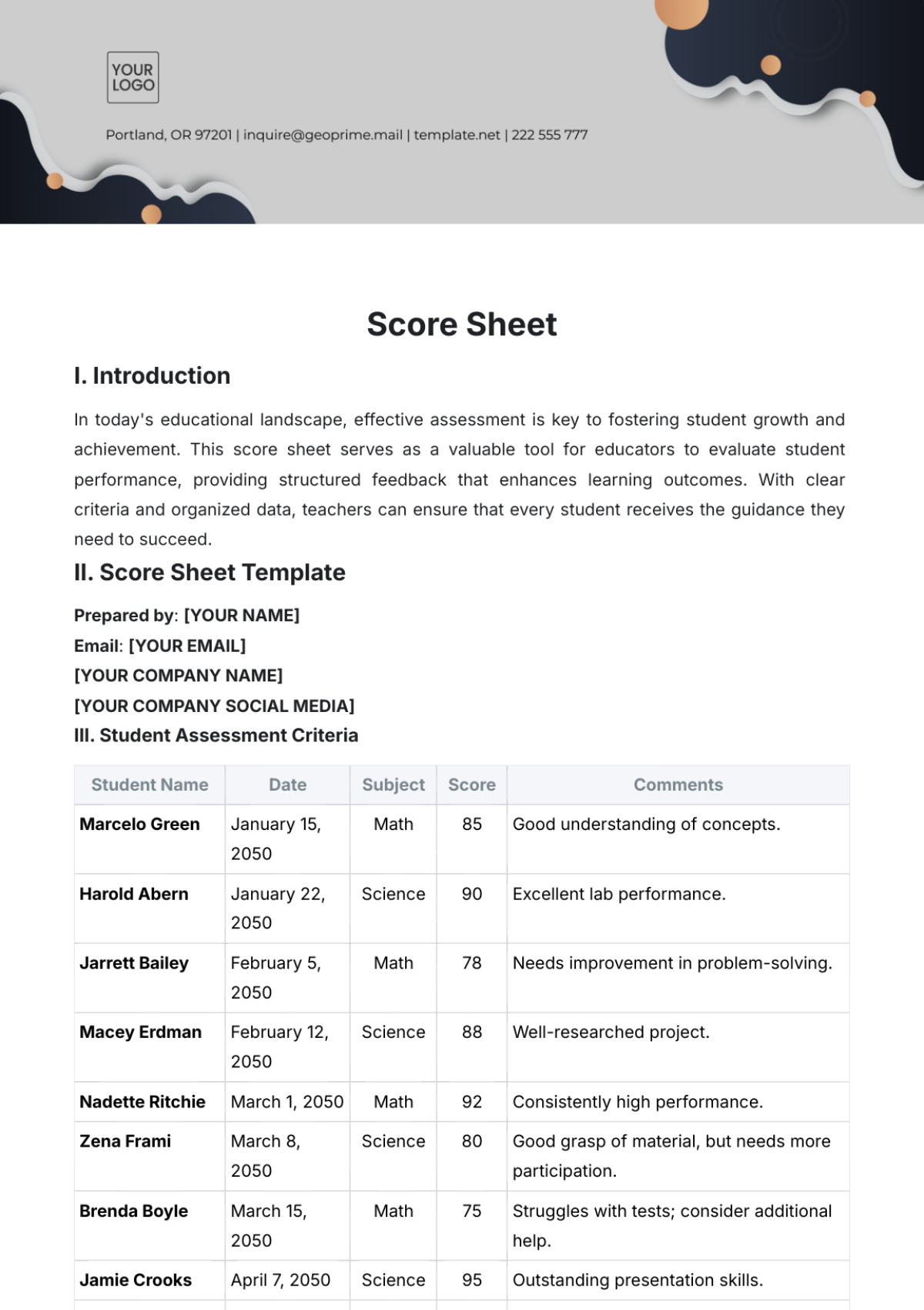 Score Sheet Template