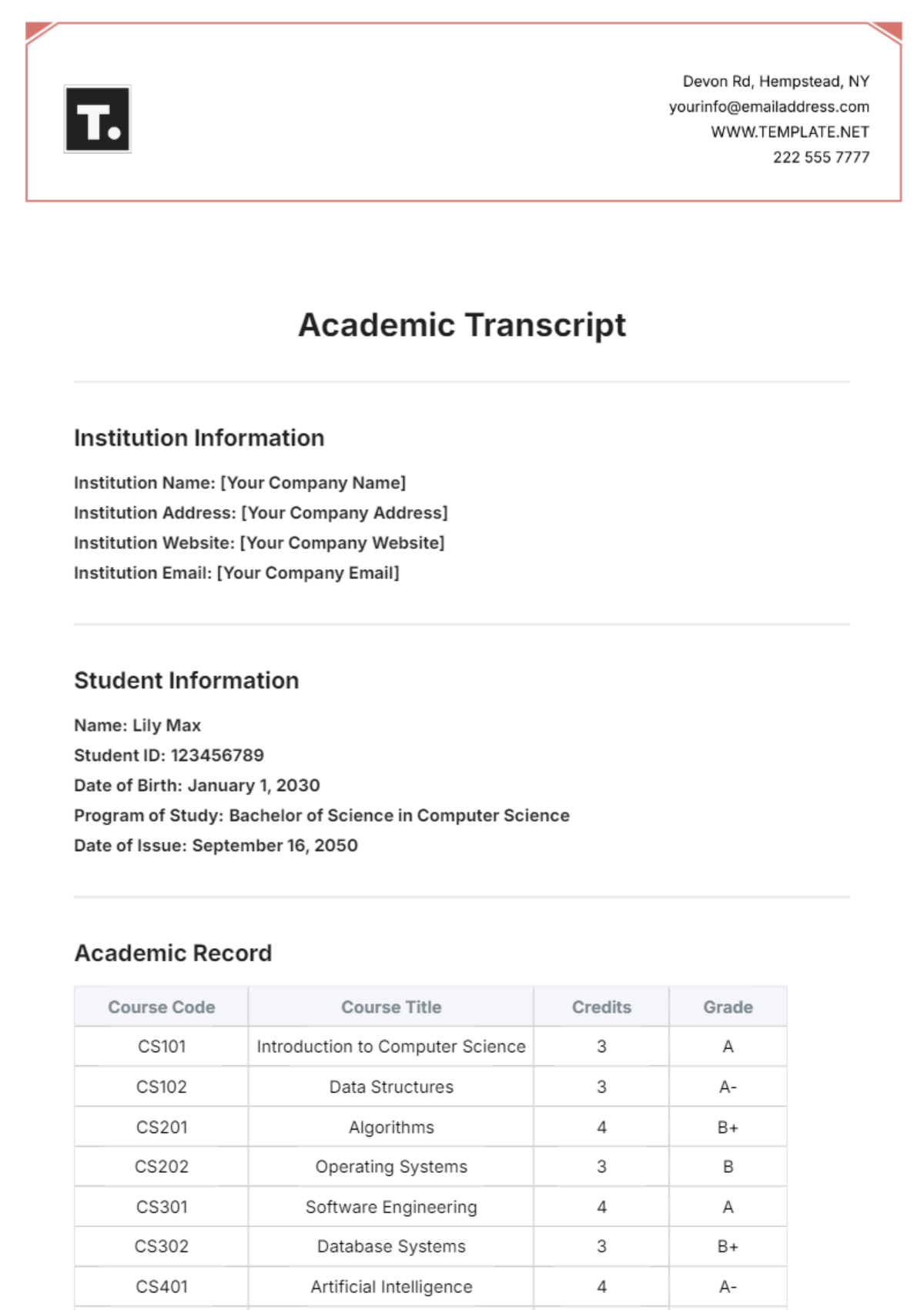 Academic Transcript Template - Edit Online & Download