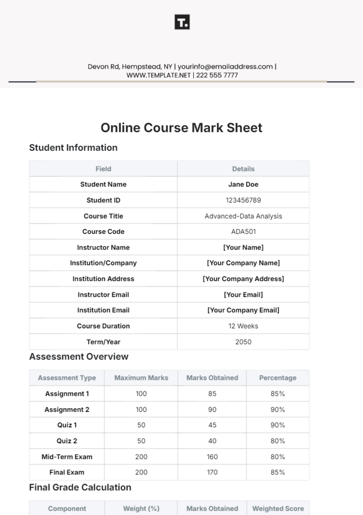 Online Course Mark Sheet Template - Edit Online & Download