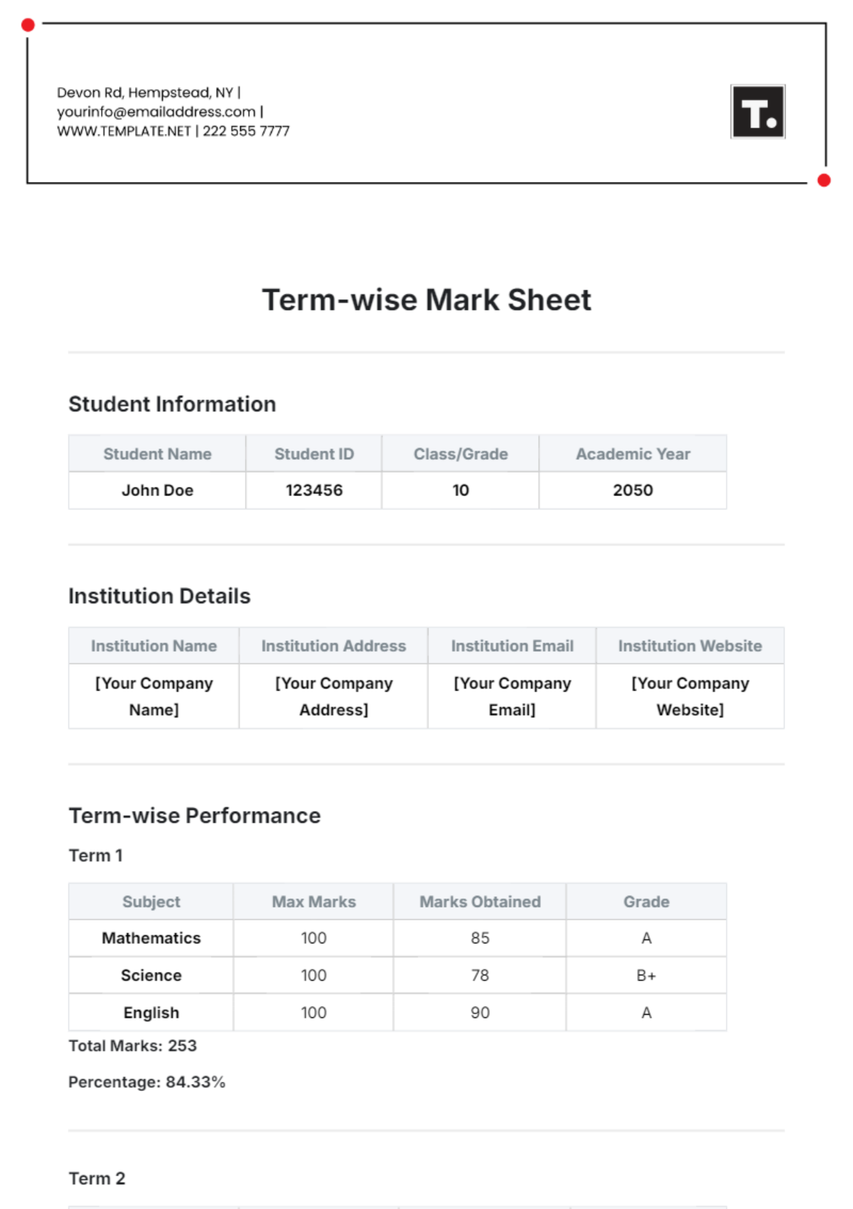 Term-wise Mark Sheet Template - Edit Online & Download