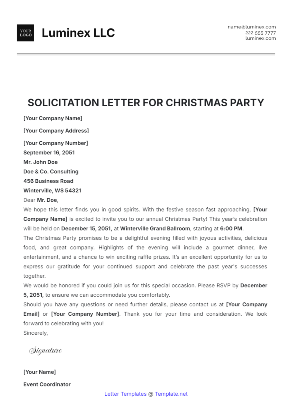 Solicitation Letter for Christmas Party Template - Edit Online & Download