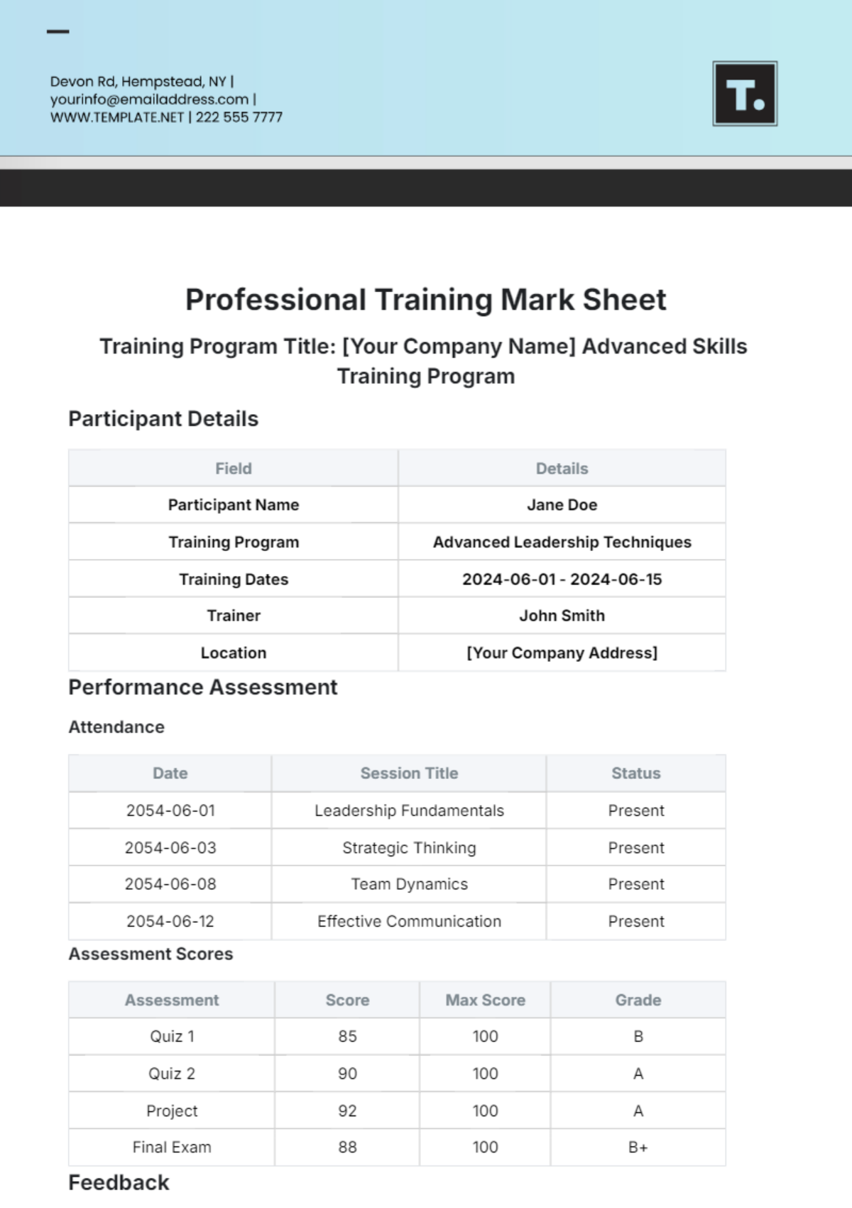 Professional Training Mark Sheet Template - Edit Online & Download