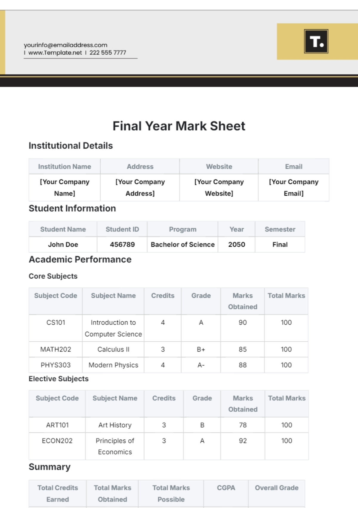 Final Year Mark Sheet Template - Edit Online & Download