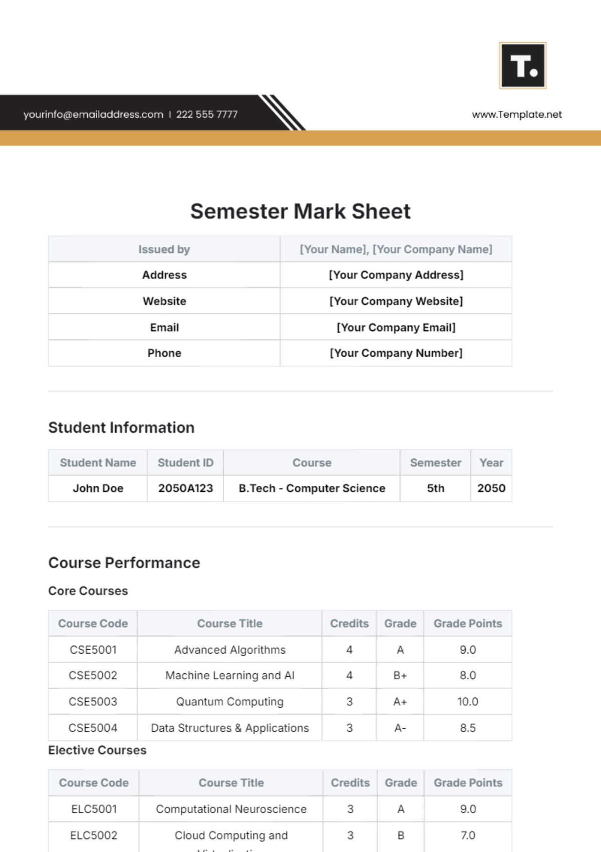 Semester Mark Sheet Template - Edit Online & Download