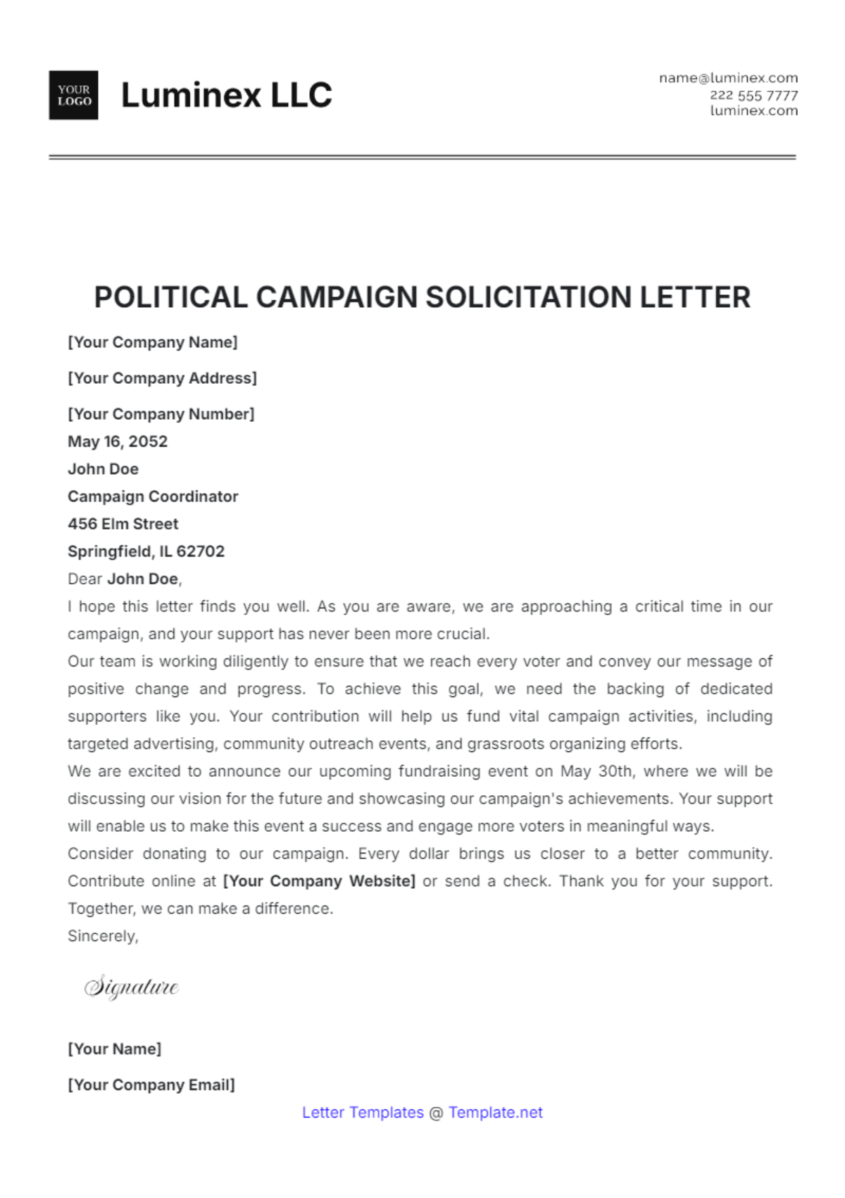 Political Campaign Solicitation Letter Template - Edit Online & Download