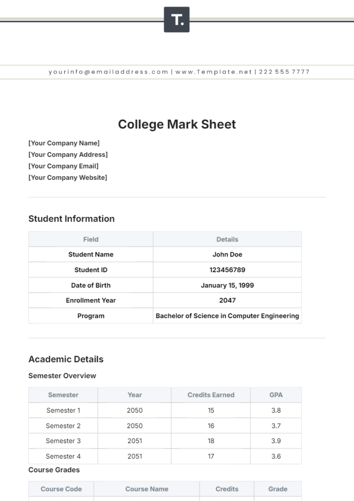 College Mark Sheet Template - Edit Online & Download