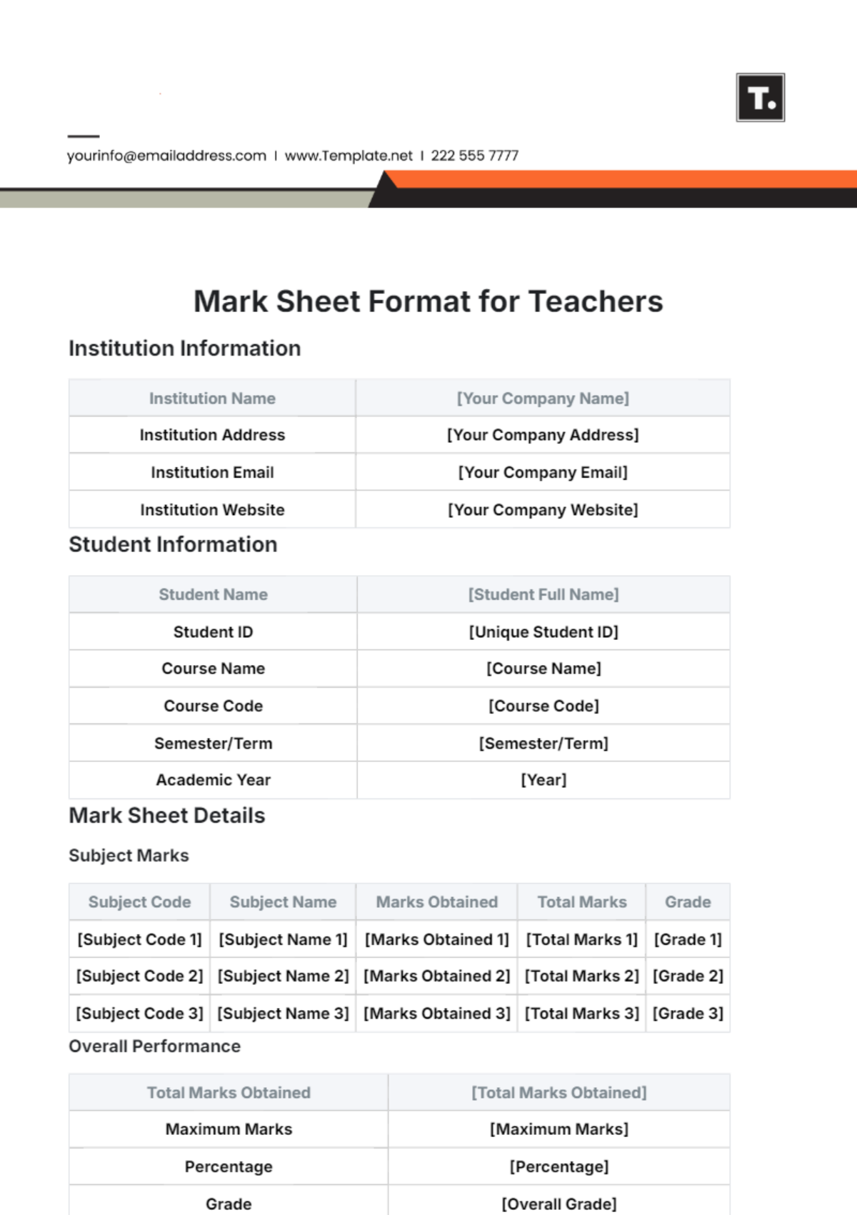 Mark Sheet Format for Teachers Template - Edit Online & Download