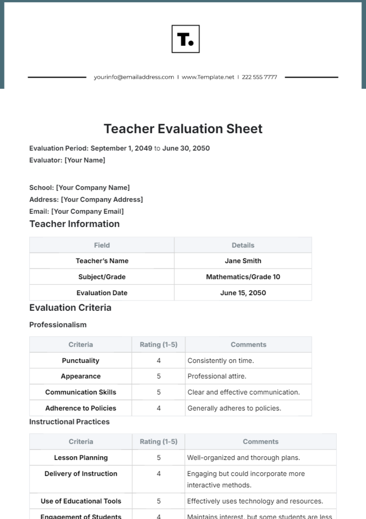 Teacher Evaluation Sheet Template - Edit Online & Download