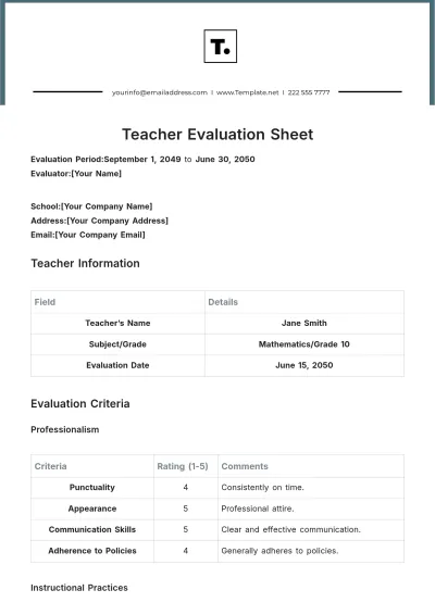 Free Teacher Evaluation Sheet Template to Edit Online