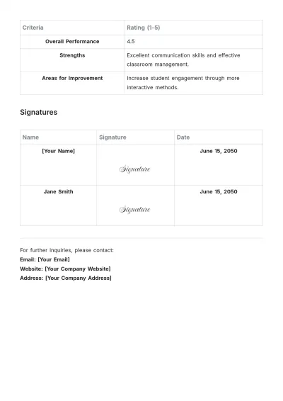 Free Teacher Evaluation Sheet Template to Edit Online