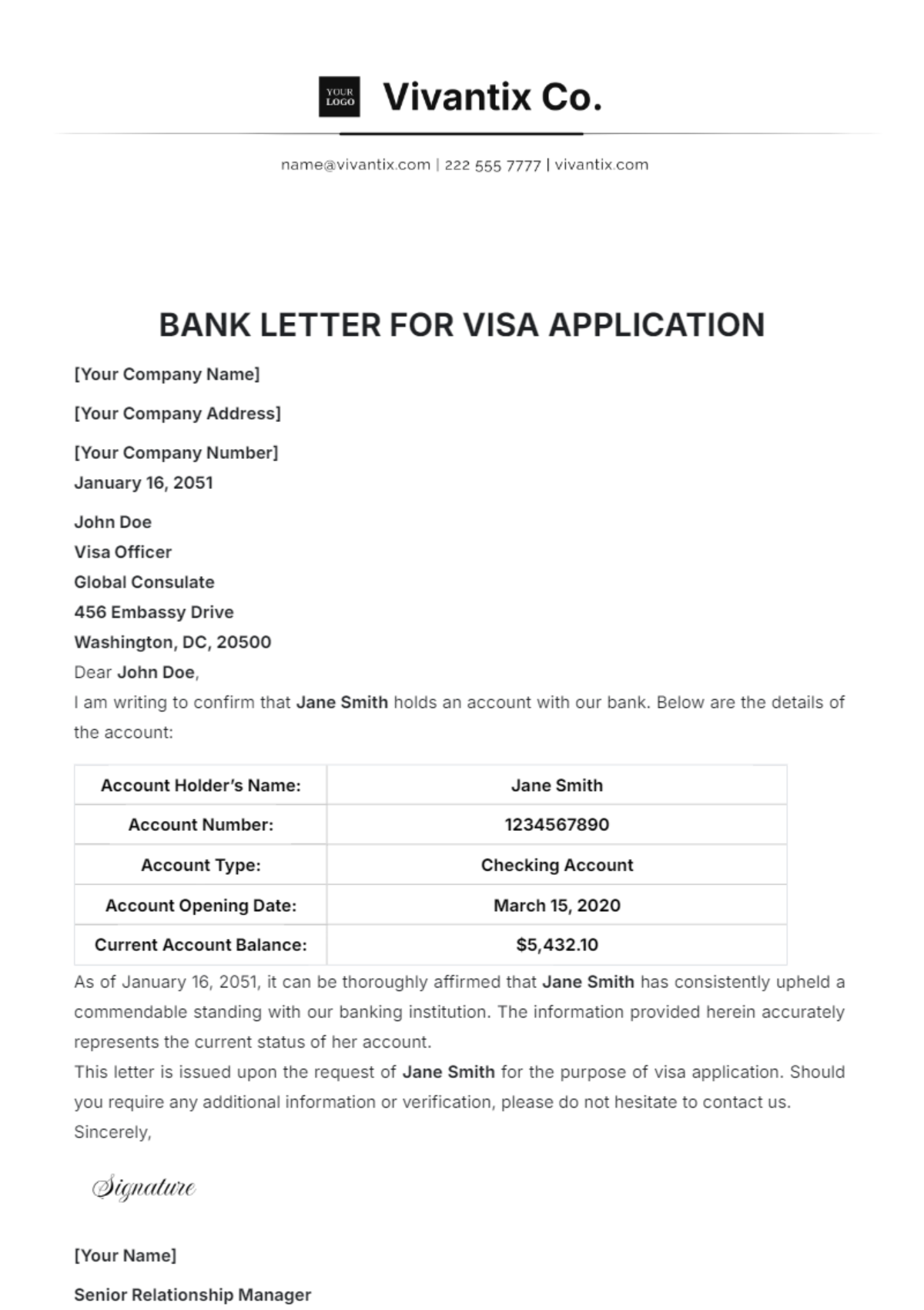 Bank Letter for Visa Application Template - Edit Online & Download