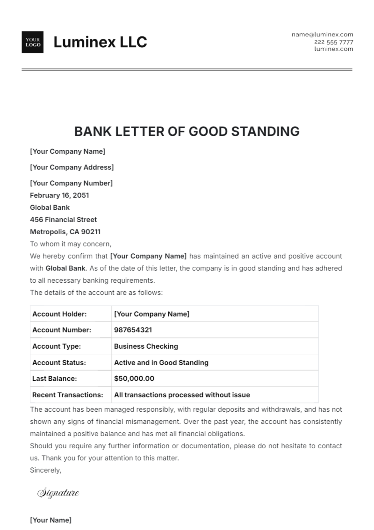 Bank Letter of Good Standing Template - Edit Online & Download