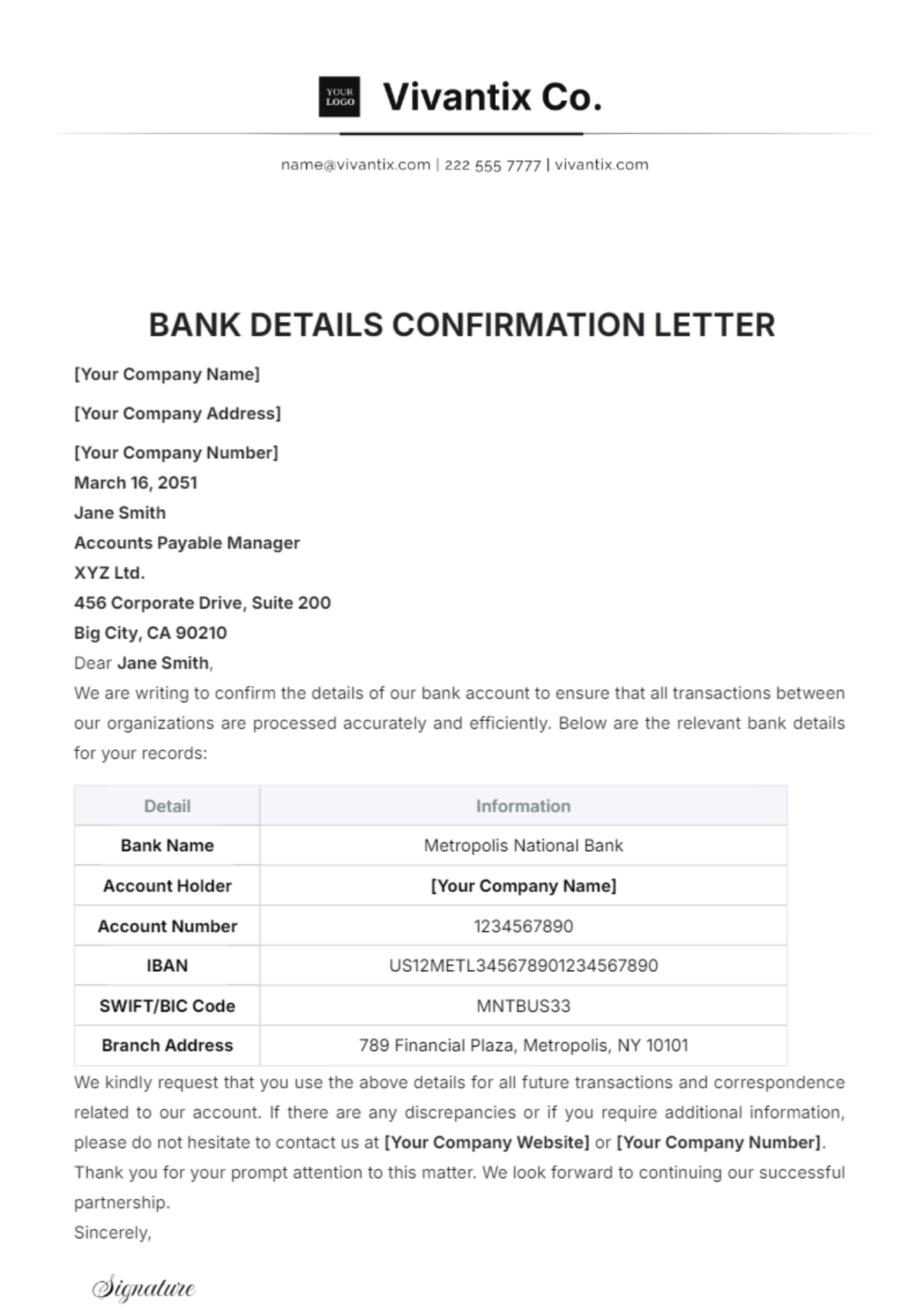 Bank Details Confirmation Letter Template - Edit Online & Download