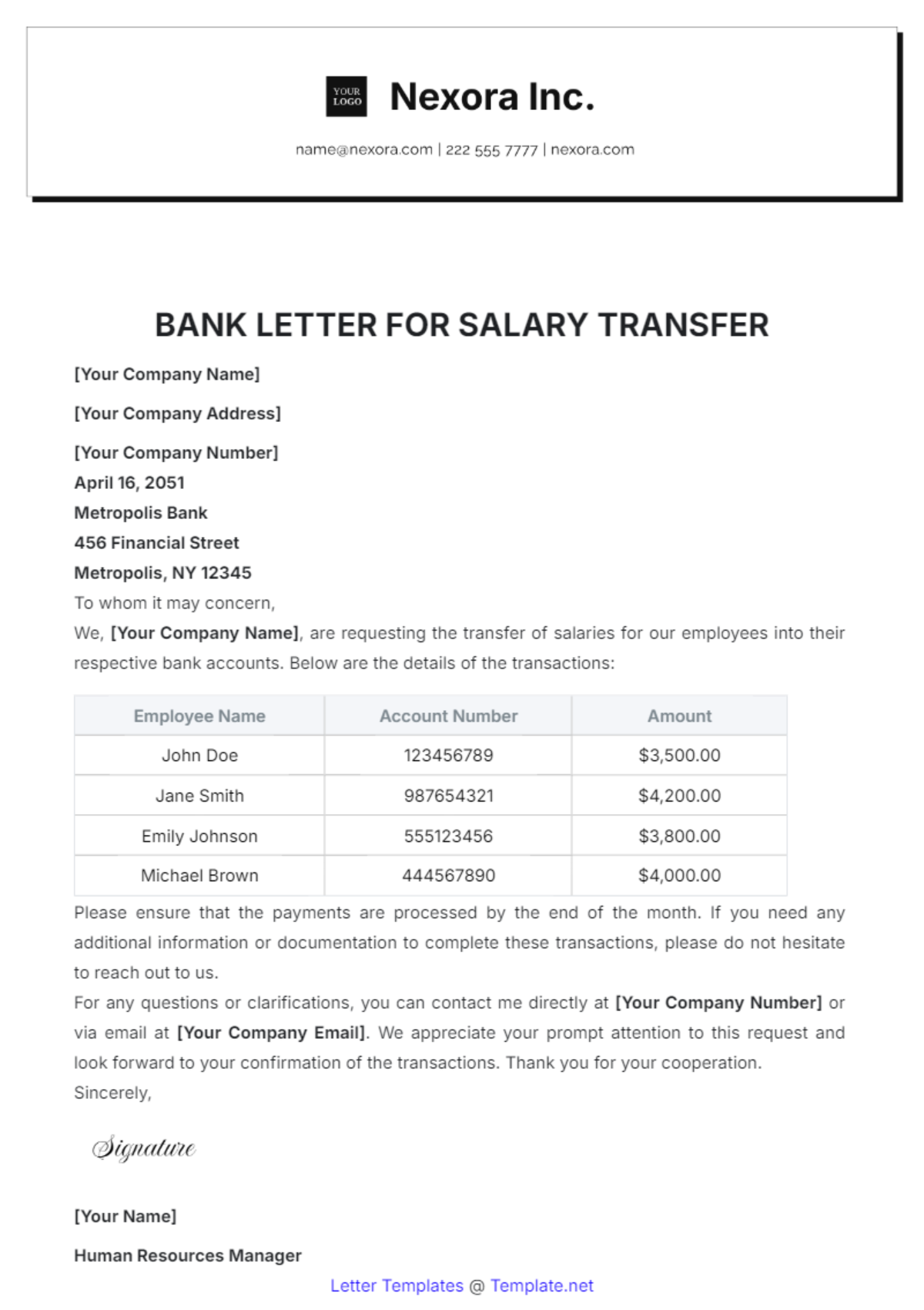 Bank Letter for Salary Transfer Template - Edit Online & Download