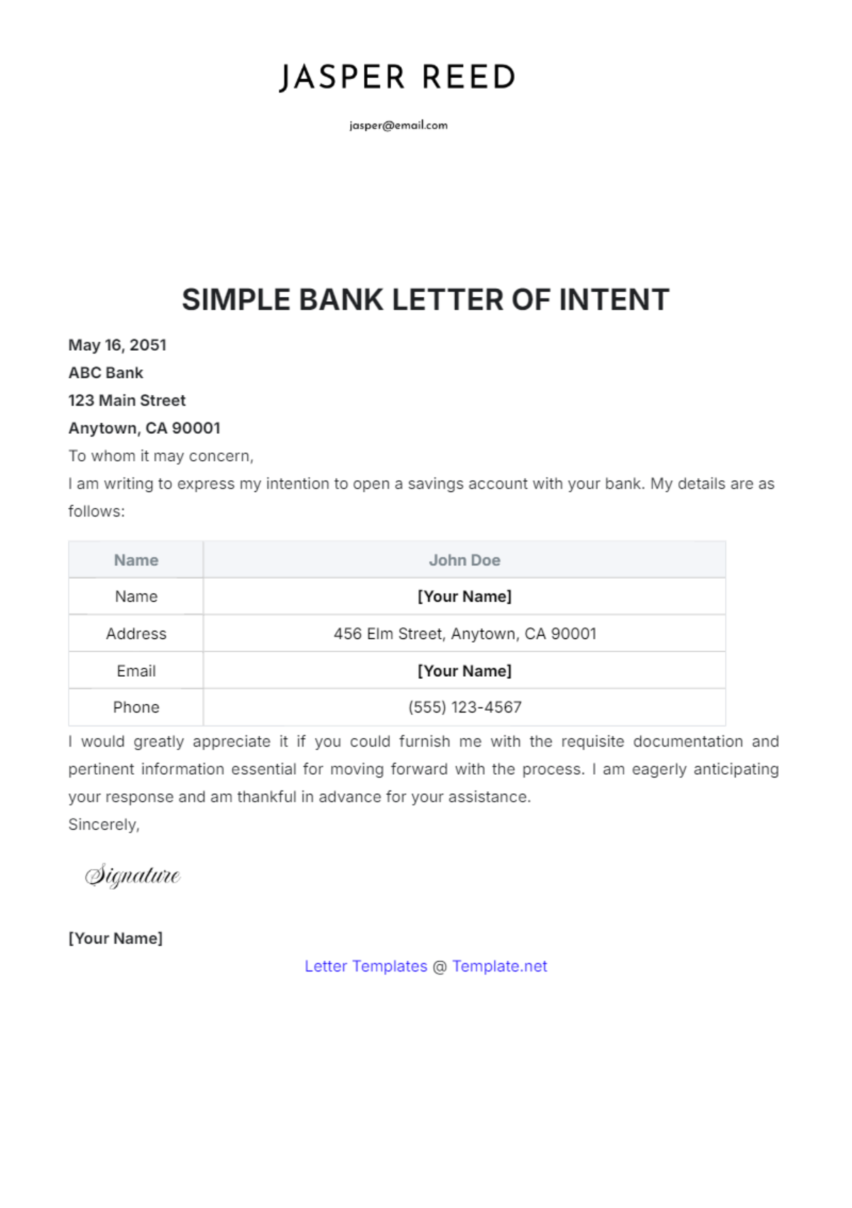 Simple Bank Letter of Intent Template - Edit Online & Download