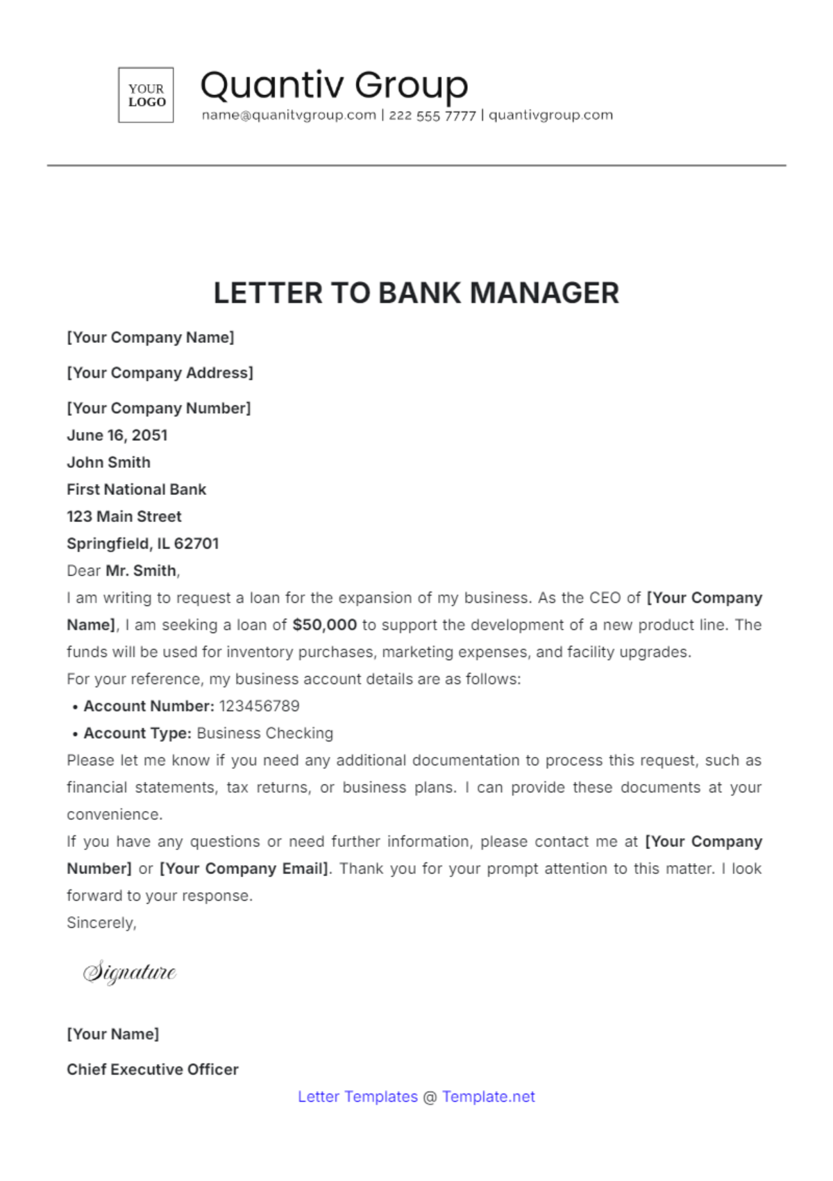 Letter to Bank Manager Template - Edit Online & Download