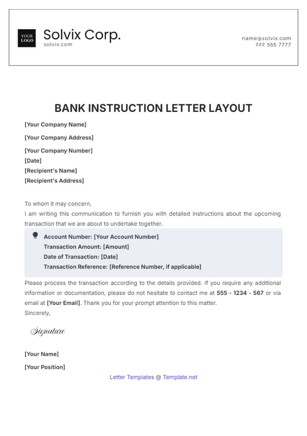 Bank Instruction Letter Layout Template - Edit Online & Download