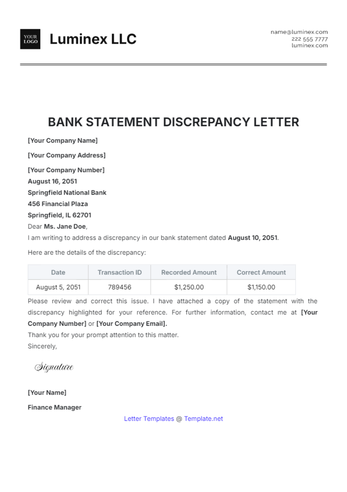 Bank Statement Discrepancy Letter Template - Edit Online & Download