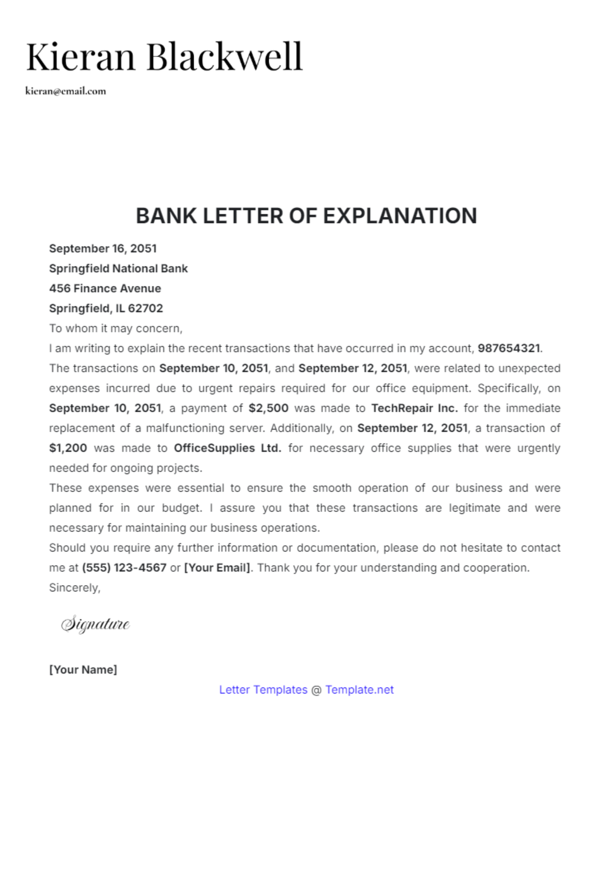 Bank Letter of Explanation Template - Edit Online & Download