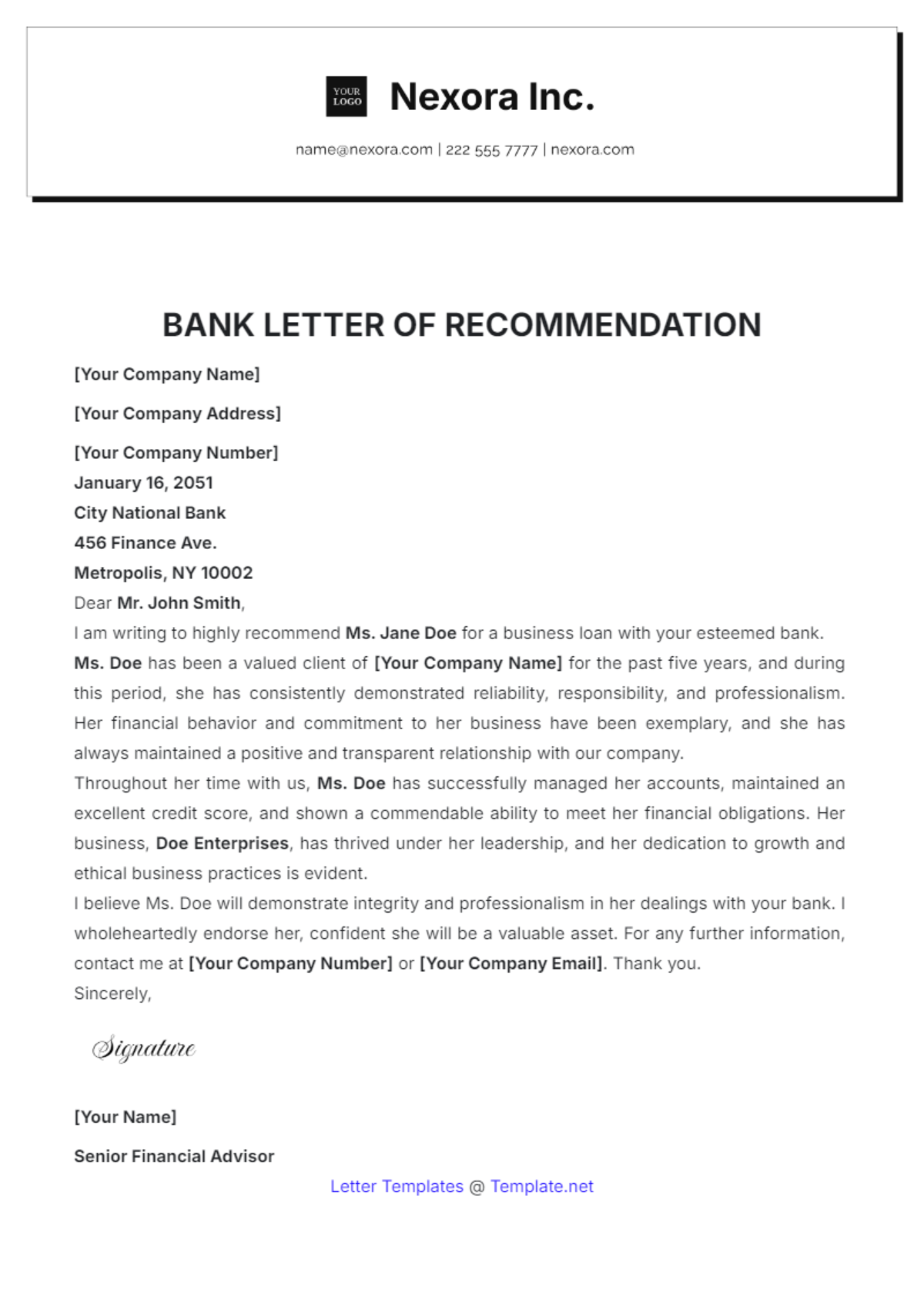 Bank Letter of Recommendation Template - Edit Online & Download