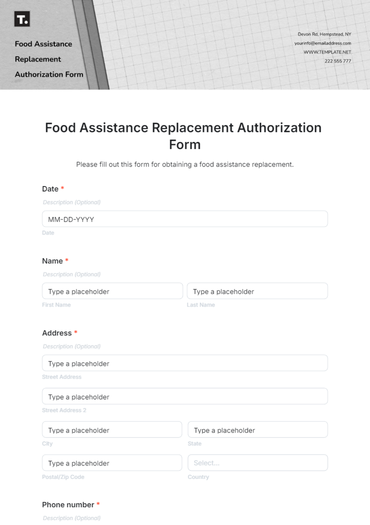 Free Food Assistance Replacement Authorization Form Template