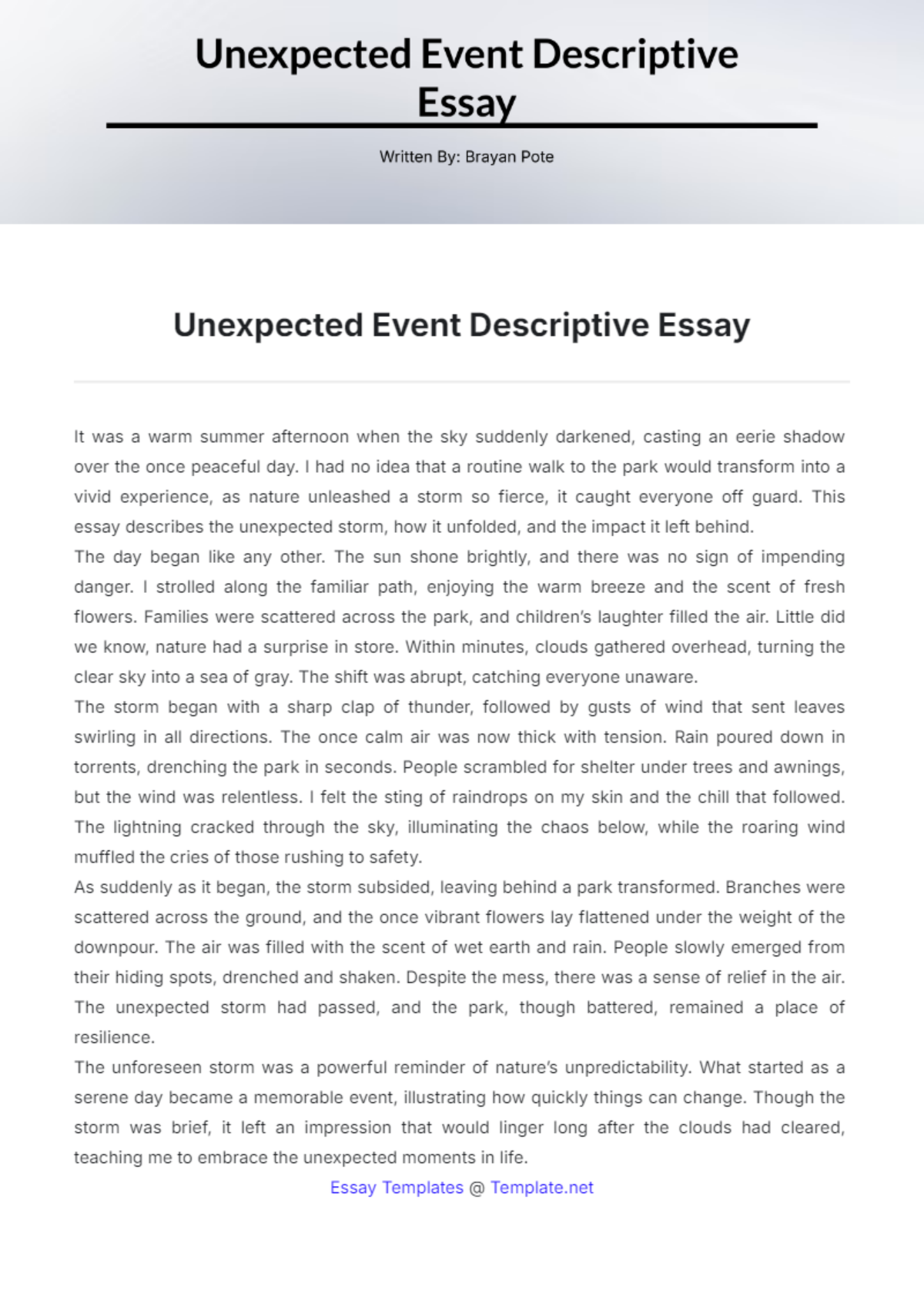 Unexpected Event Descriptive Essay Template - Edit Online & Download