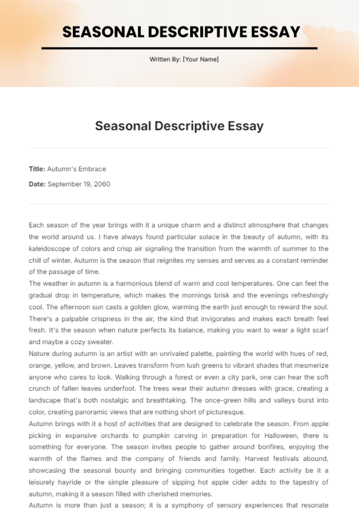 Seasonal Descriptive Essay Template - Edit Online & Download