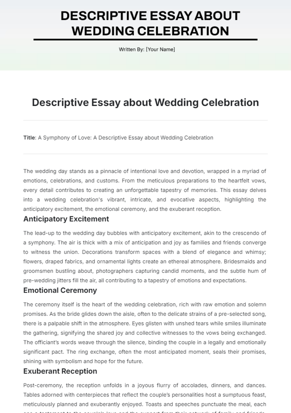 Descriptive Essay about Wedding Celebration Template - Edit Online & Download