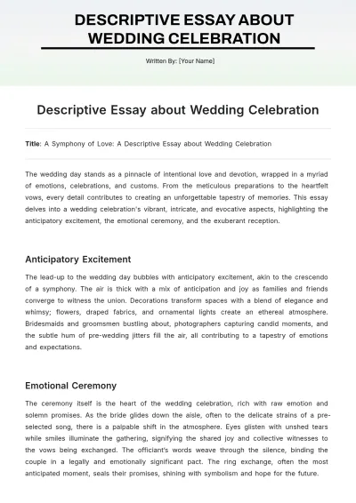 Free Descriptive Essay about Wedding Celebration Template to Edit Online