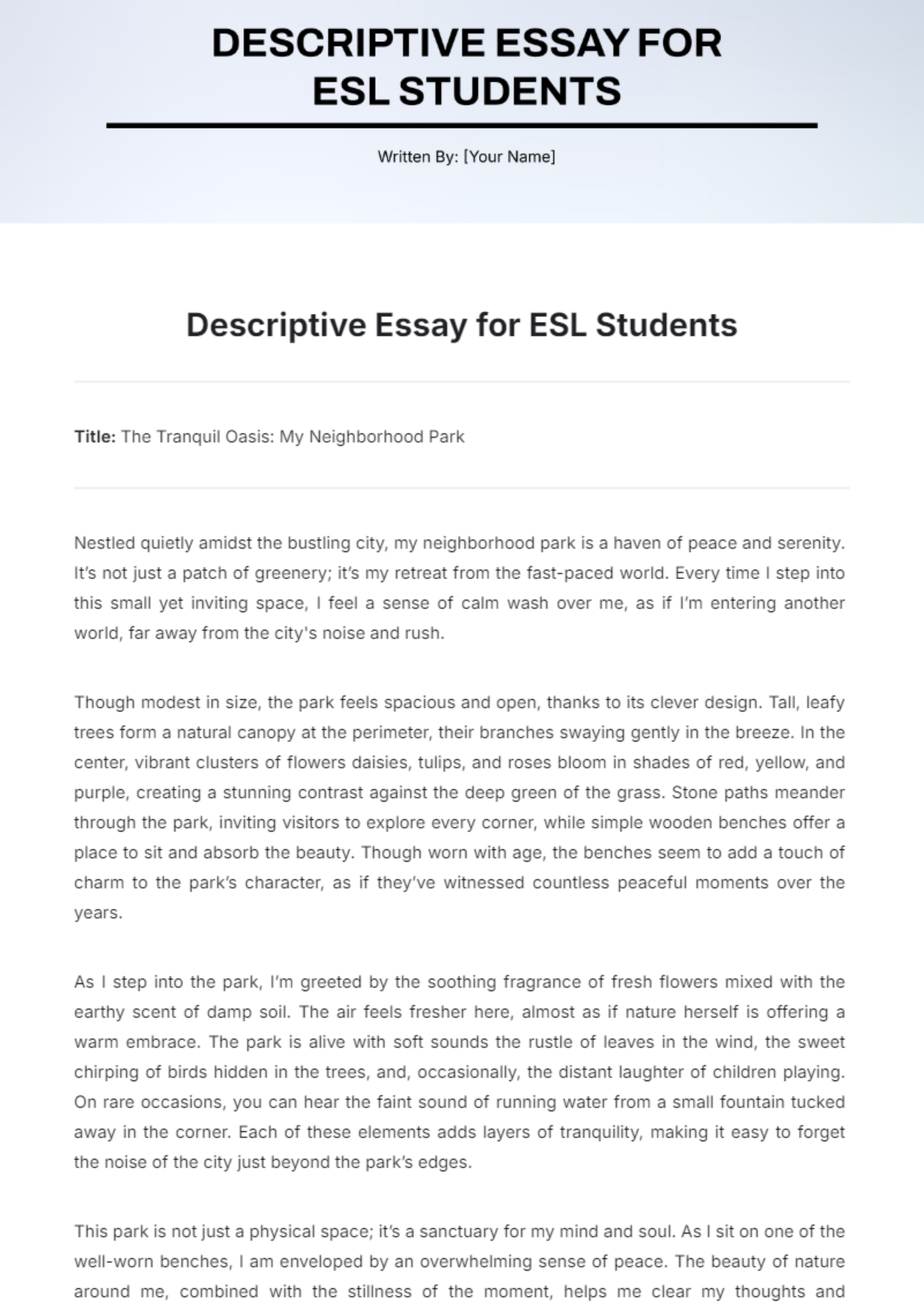 Descriptive Essay for ESL Students Template - Edit Online & Download