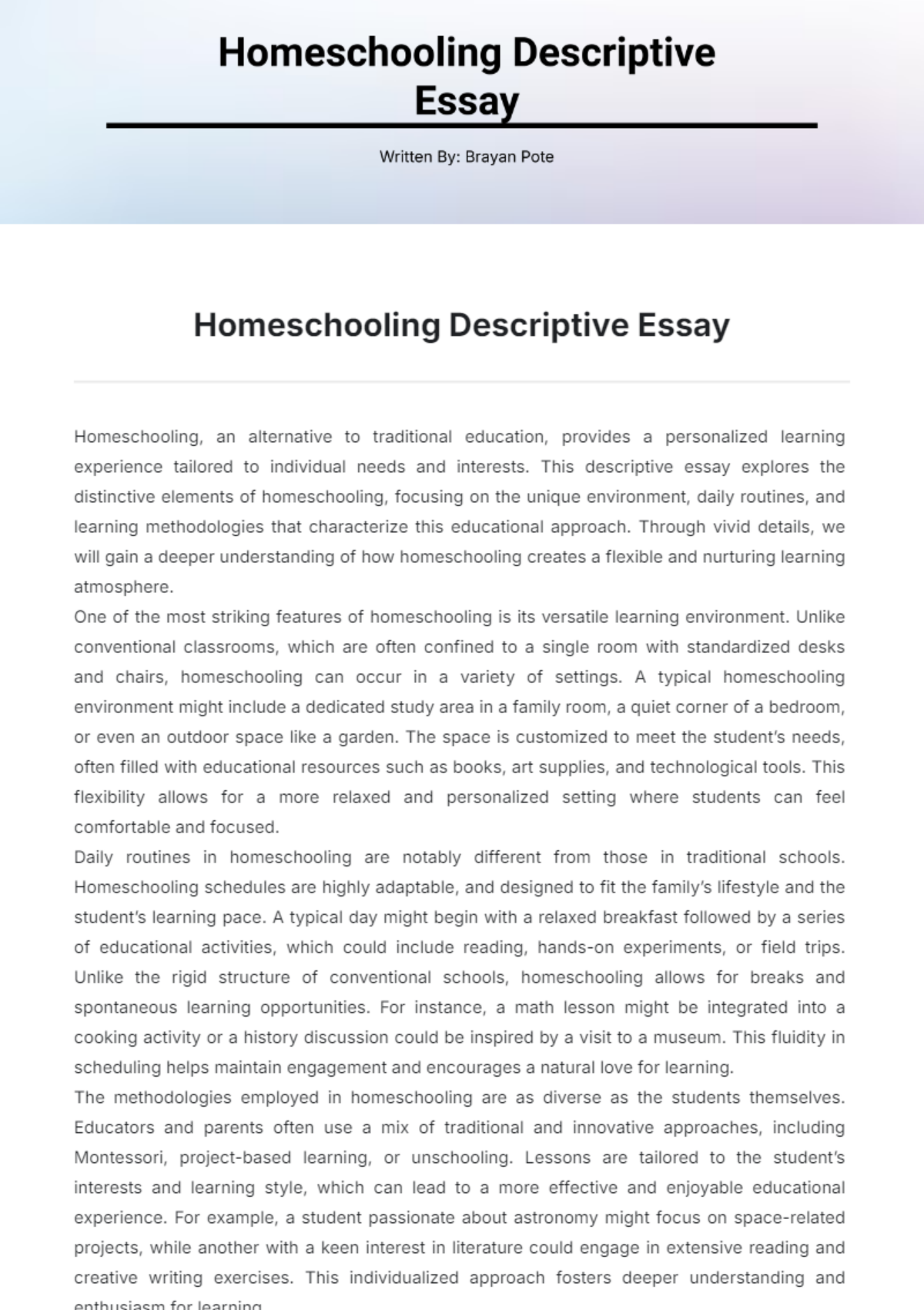 Homeschooling Descriptive Essay Template - Edit Online & Download