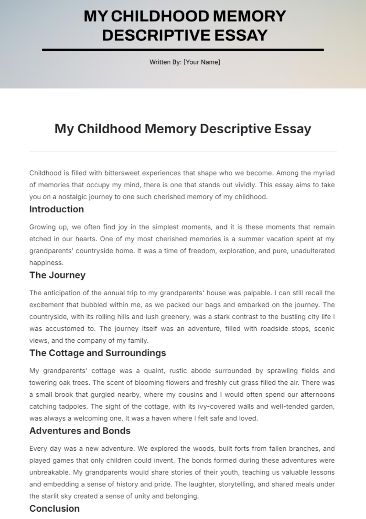 My Childhood Memory Descriptive Essay Template - Edit Online & Download