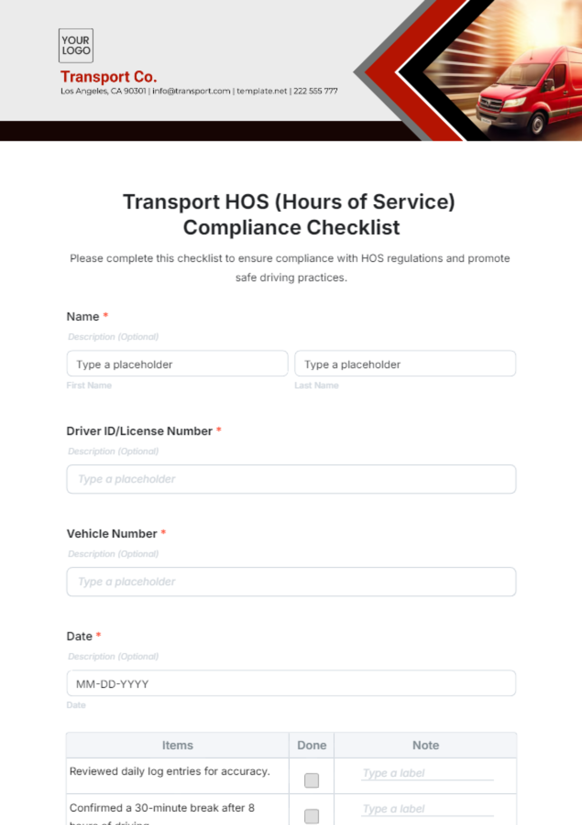 Transport HOS (Hours of Service) Compliance Checklist Template