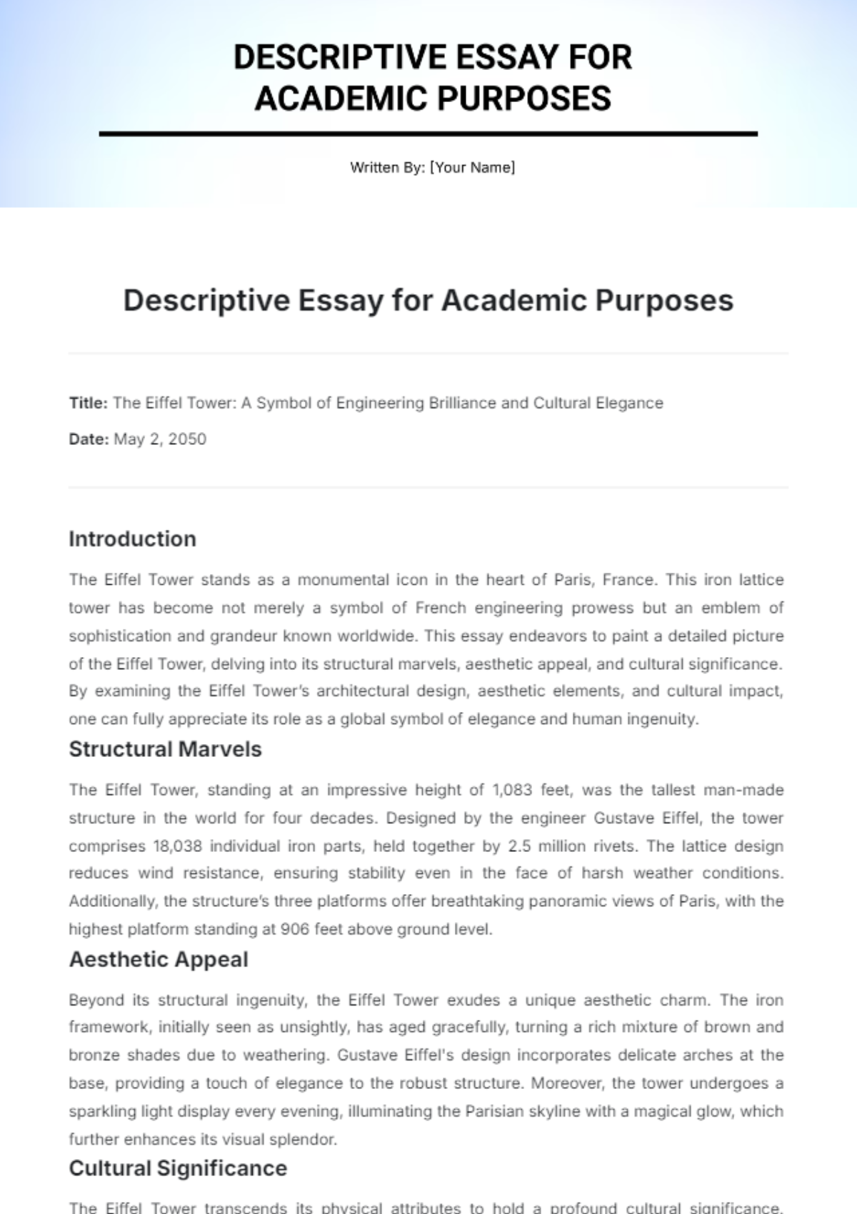 Descriptive Essay for Academic Purposes Template - Edit Online & Download