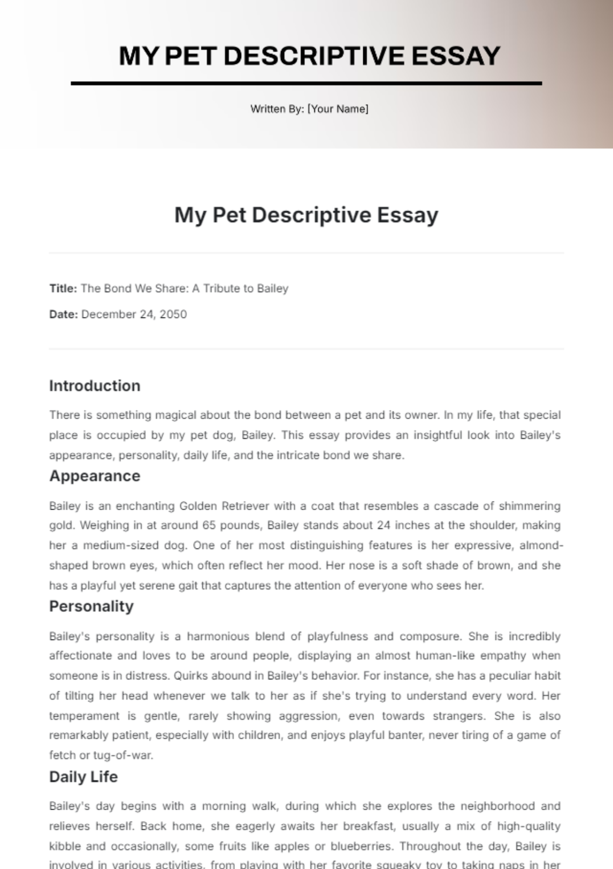 My Pet Descriptive Essay Template - Edit Online & Download