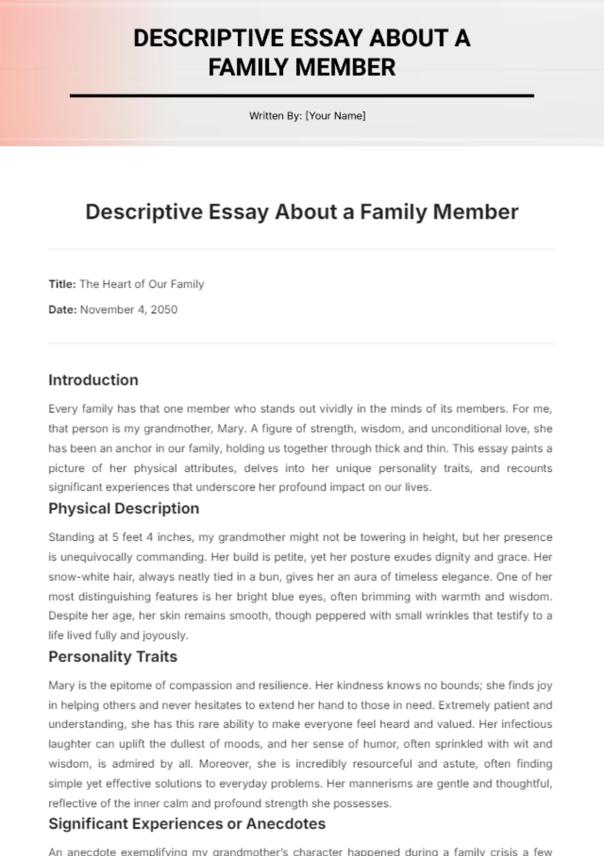 Descriptive Essay About a Family Member Template - Edit Online & Download