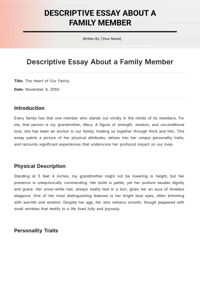 Free Descriptive Essay About a Family Member Template to Edit Online